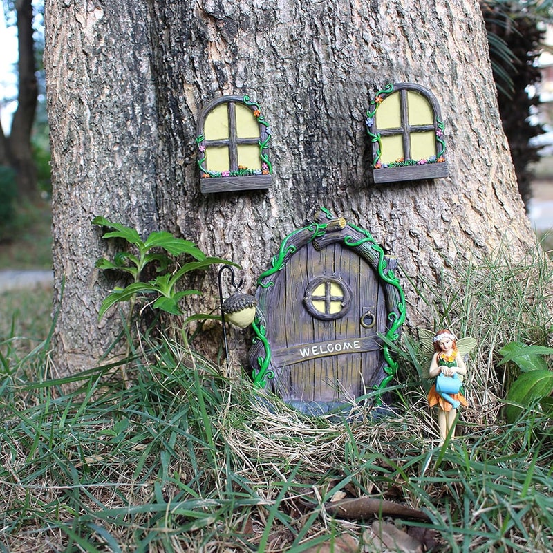IMOFEE Fairy Door and Windows Garden Kit Accessories Outdoor, Glow in Dark Gnome House for Tree, Lawn Yard Art Sculpture, Miniature Garden Decor (Gnome) - Image 5